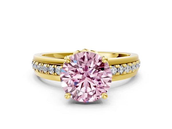 Yellow gold Fancy Pink Round  Solitaire Diamond Ring with Channel Set Band and Six-Prong Setting