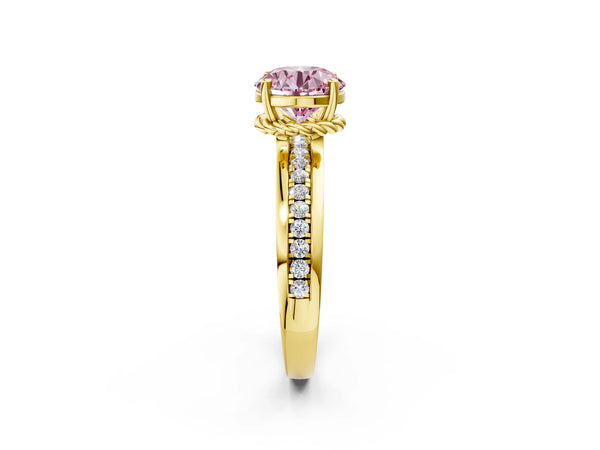 Yellow gold Fancy Pink Round  Solitaire Diamond Ring with Channel Set Band and Six-Prong Setting