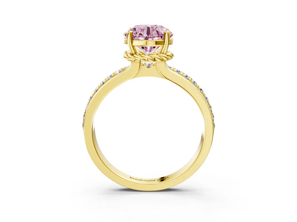 Yellow gold Fancy Pink Round  Solitaire Diamond Ring with Channel Set Band and Six-Prong Setting