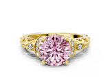 Yellow gold Fancy Pink Round  Solitaire Diamond Ring with Filigree Band and Four-Prong Setting