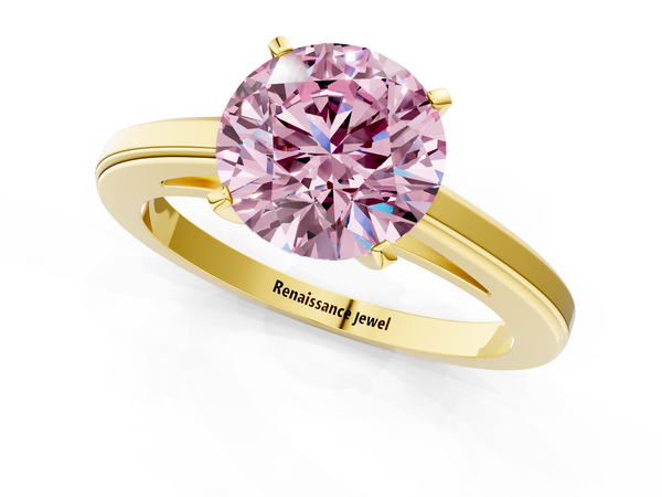Yellow gold Fancy Pink Round  Solitaire Diamond Ring with Four-Prong Setting and Classic Band
