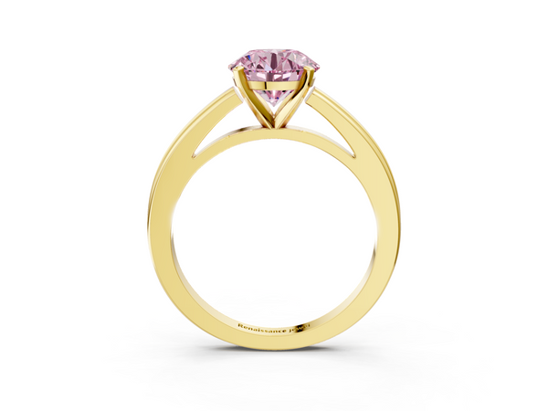 Yellow gold Fancy Pink Round  Solitaire Diamond Ring with Four-Prong Setting and Classic Band
