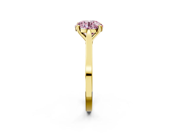 Yellow gold Fancy Pink Round  Solitaire Diamond Ring with Four-Prong Setting and Tapered Band