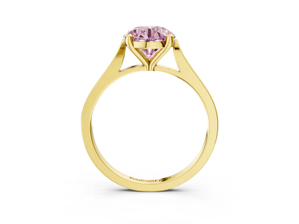 Yellow gold Fancy Pink Round  Solitaire Diamond Ring with Four-Prong Setting and Tapered Band
