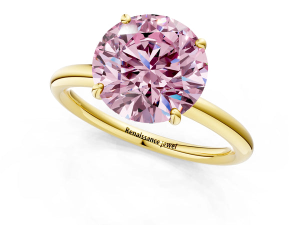 Yellow gold Fancy Pink Round  Solitaire Diamond Ring with Four-Prong Setting on a Plain Band