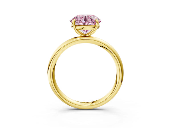 Yellow gold Fancy Pink Round  Solitaire Diamond Ring with Four-Prong Setting on a Plain Band
