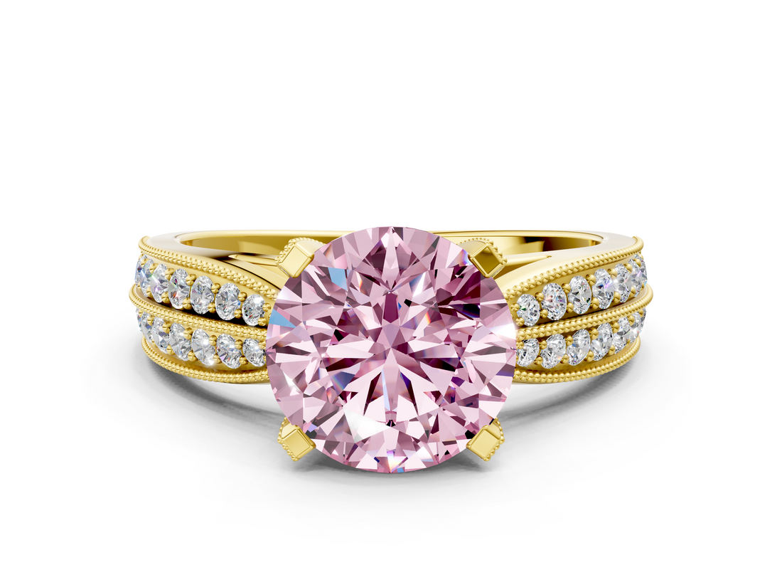 Yellow gold Fancy Pink Round  Solitaire Diamond Ring with Milgrain Pavé Band and Four-Prong Setting_32