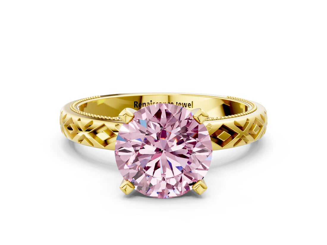 Yellow gold Fancy Pink Round  Solitaire Diamond Ring with Milgrain and Black Enamel X Pattern Band_29