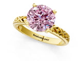 Yellow gold Fancy Pink Round  Solitaire Diamond Ring with Milgrain and Black Enamel X Pattern Band_30
