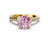 Yellow gold Fancy Pink Round  Solitaire Diamond Ring with Pavé Band and Four-Prong Setting