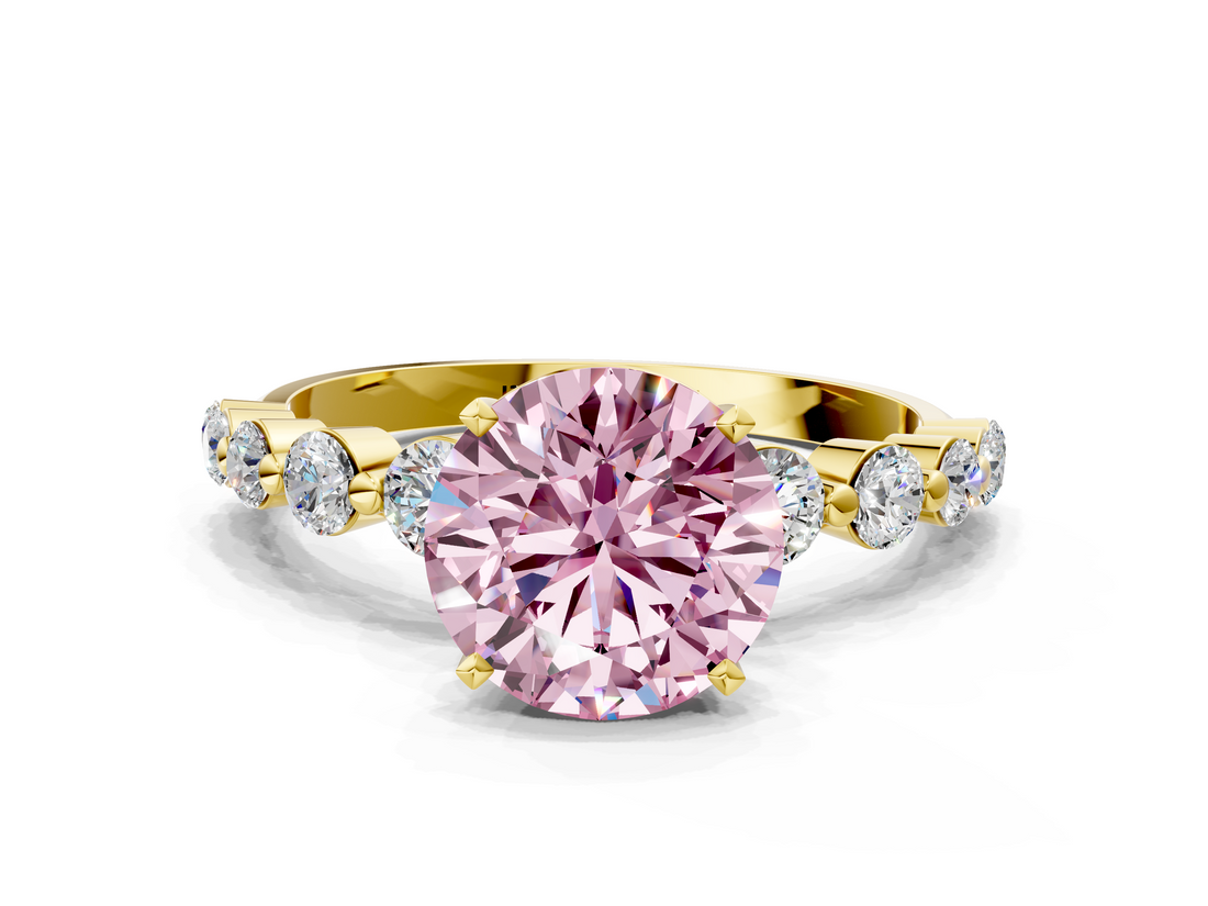Yellow gold Fancy Pink Round  Solitaire Diamond Ring with Pave Band and Four-Prong Setting