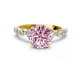 Yellow gold Fancy Pink Round  Solitaire Diamond Ring with Pave Band and Four-Prong Setting