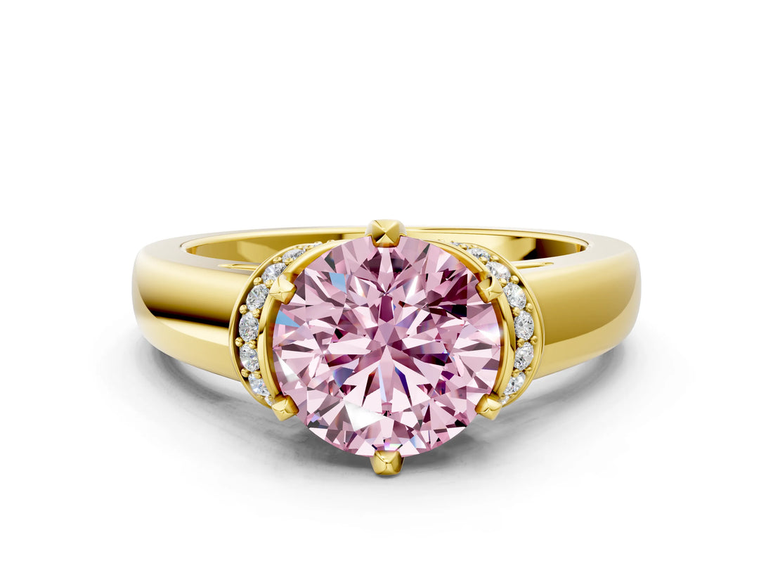 Yellow gold Fancy Pink Round  Solitaire Diamond Ring with Pave Band and Six-Prong Setting_29