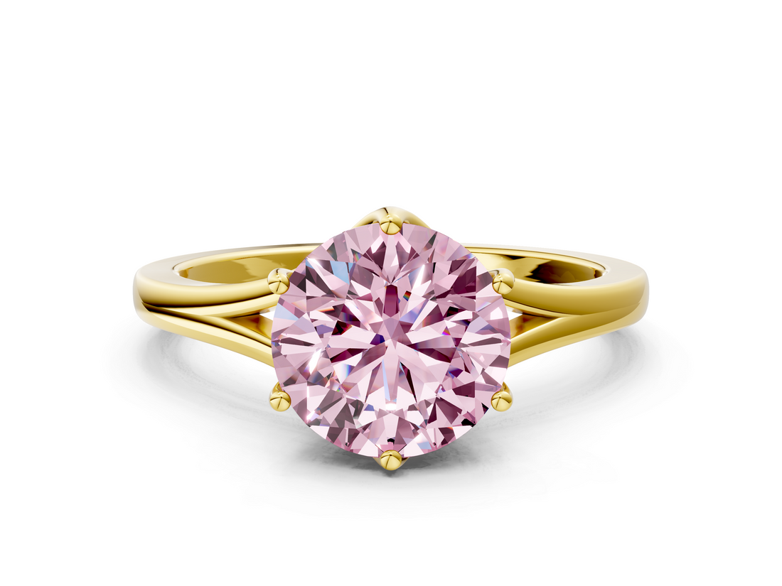 Yellow gold Fancy Pink Round  Solitaire Diamond Ring with Six-Prong Setting and Tapered Band