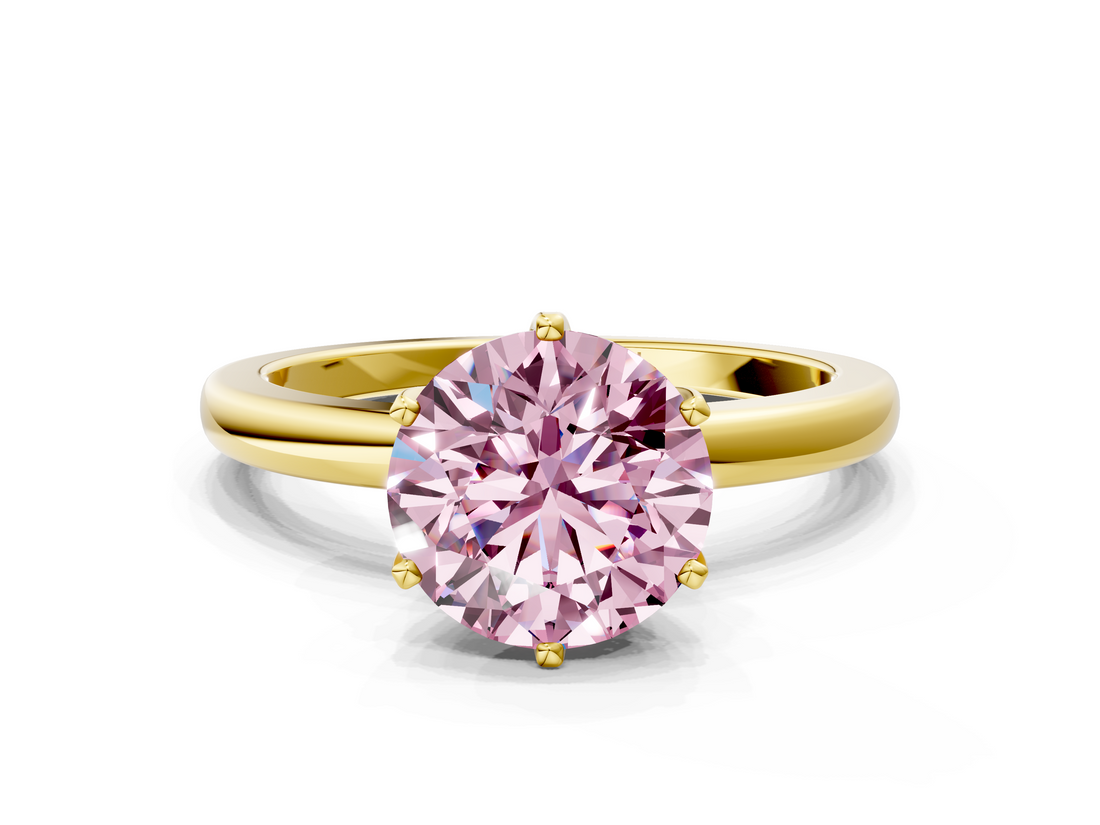 Yellow gold Fancy Pink Round  Solitaire Diamond Ring with Six-Prong Setting on a Classic Band