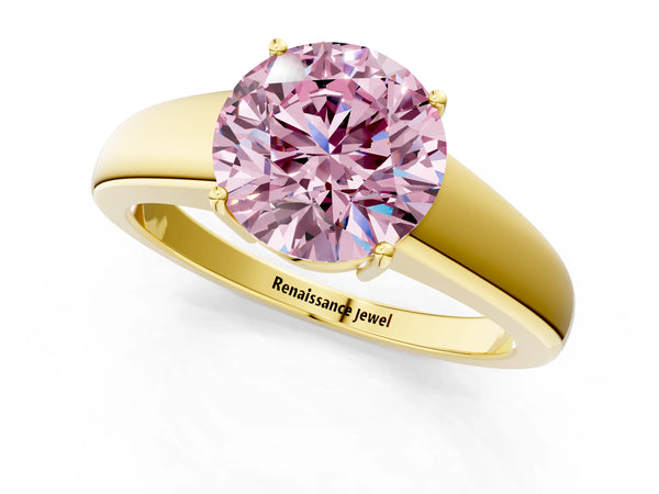 Yellow gold Fancy Pink Round  Solitaire Diamond Ring with Tapered Band and Four-Prong Setting