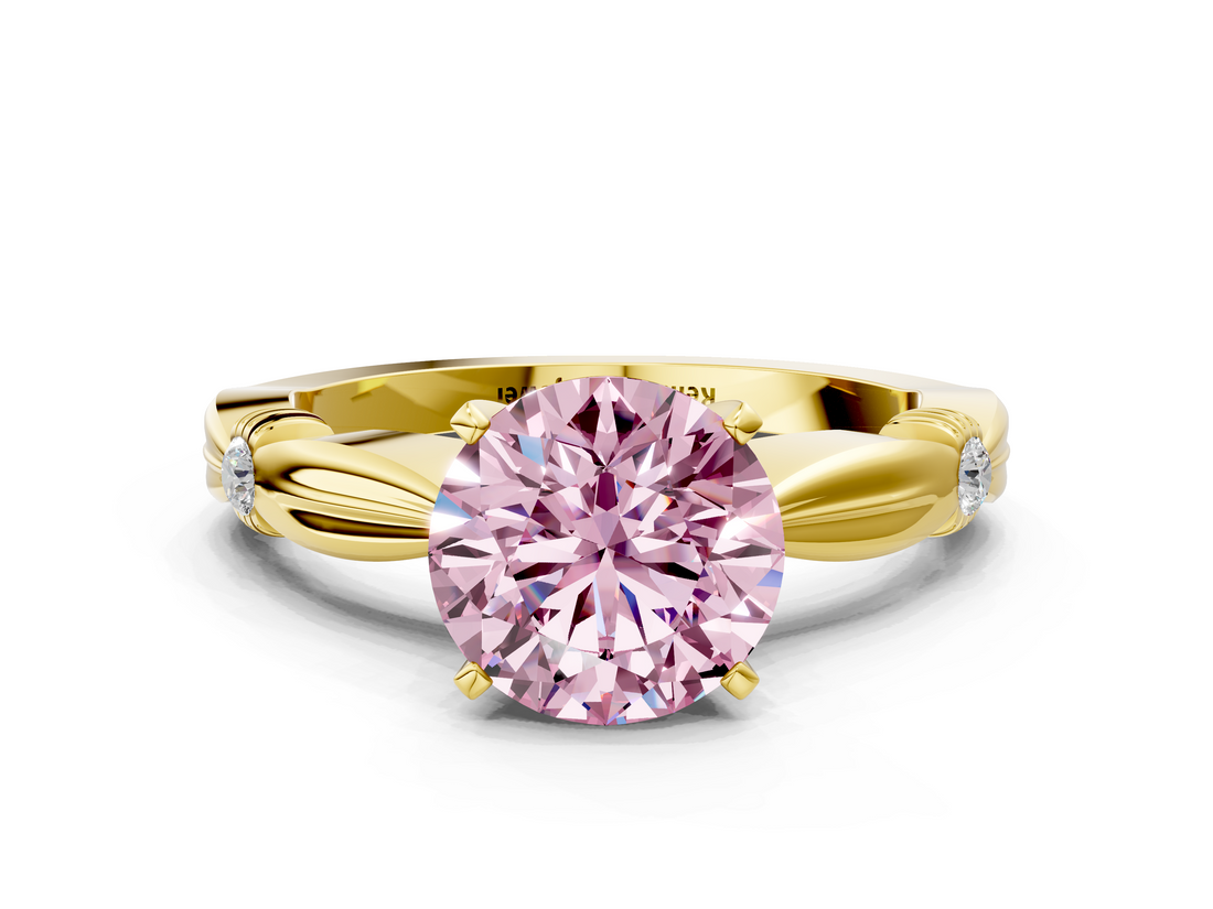 Yellow gold Fancy Pink Round  Solitaire Diamond Twisted Band with Four-Prong Setting