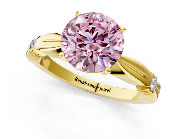 Yellow gold Fancy Pink Round  Solitaire Diamond Twisted Band with Four-Prong Setting