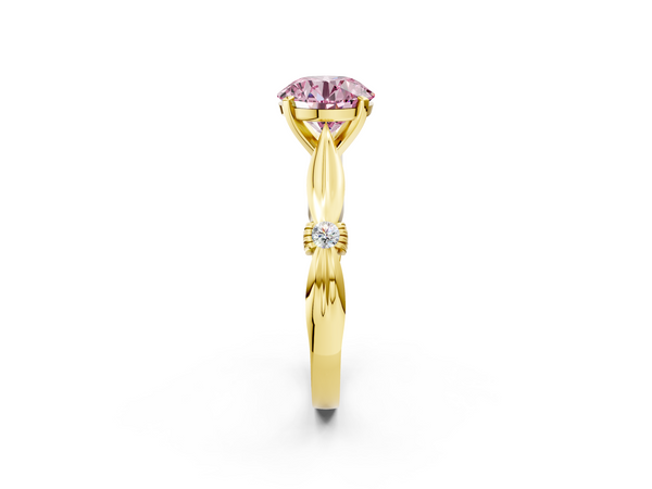 Yellow gold Fancy Pink Round  Solitaire Diamond Twisted Band with Four-Prong Setting