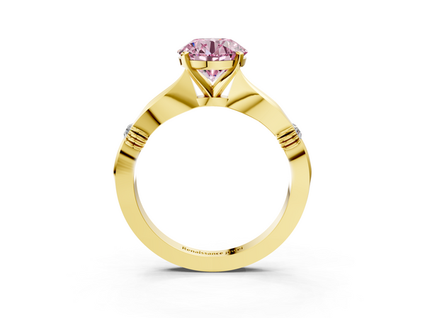Yellow gold Fancy Pink Round  Solitaire Diamond Twisted Band with Four-Prong Setting