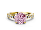 Yellow gold Fancy Pink Round  Solitaire Diamond with Pavé Band and Four-Prong Setting