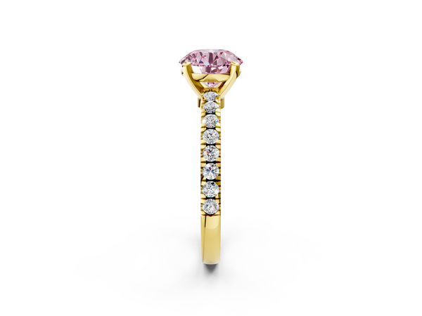 Yellow gold Fancy Pink Round  Solitaire Diamond with Pavé Band and Four-Prong Setting