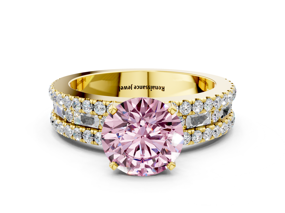 Yellow gold Fancy Pink Round  Solitaire Diamond with Pave and Channel Set Band