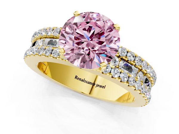 Yellow gold Fancy Pink Round Cut Diamond Solitaire Ring with Pavé and Channel Set Band