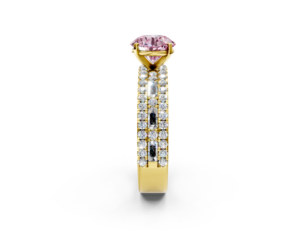 Yellow gold Fancy Pink Round Cut Diamond Solitaire Ring with Pavé and Channel Set Band