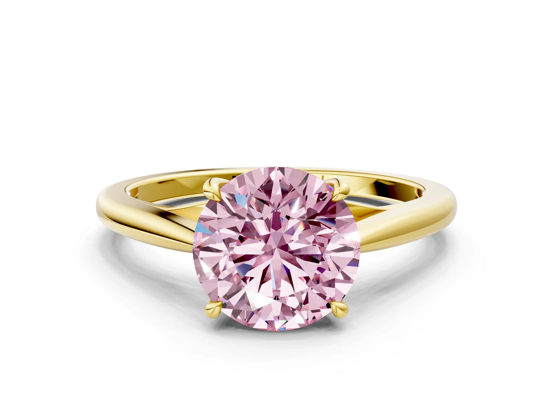 Yellow gold Fancy Pink Round  Solitaire Engagement Ring with Four-Prong Setting and Classic Band