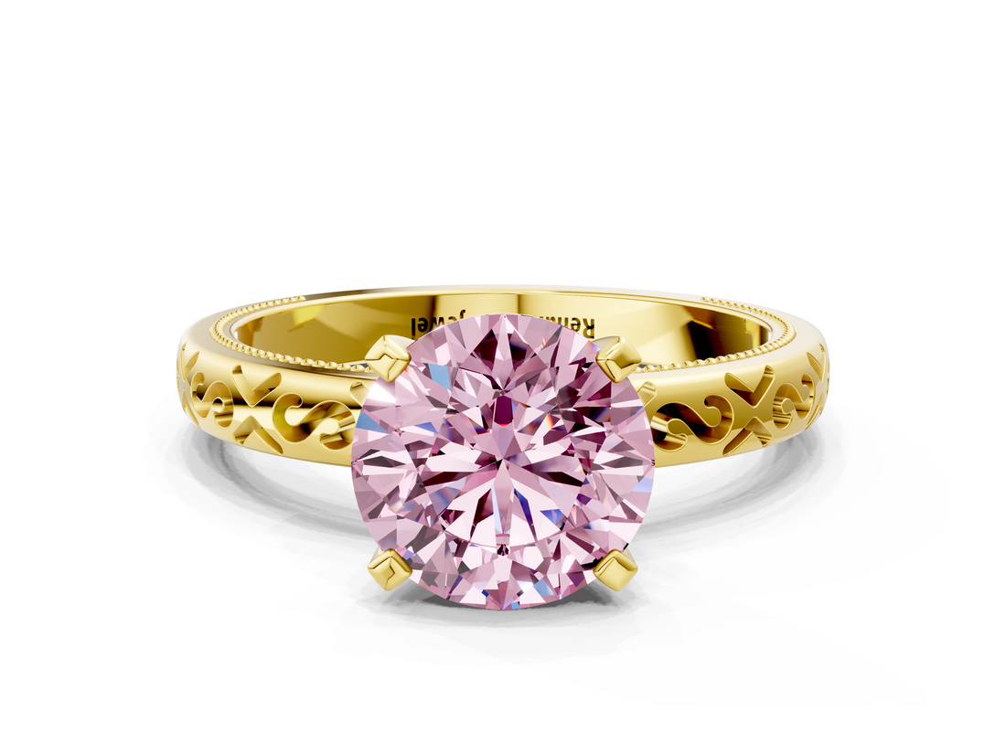 Yellow gold Fancy Pink Round  Solitaire Engagement Ring with Scrollwork Band and Four-Prong Setting