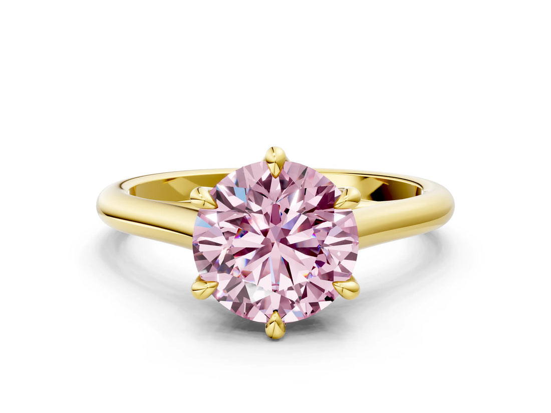 Yellow gold Fancy Pink Round  Solitaire Engagement Ring with Six-Prong Setting and Classic Band