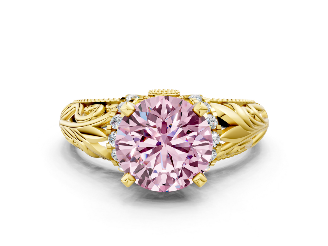 Yellow gold Fancy Pink Round  Solitaire Filigree Engagement Ring with Halo and Prong Setting