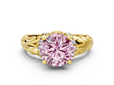 Yellow gold Fancy Pink Round  Solitaire Filigree Engagement Ring with Halo and Prong Setting