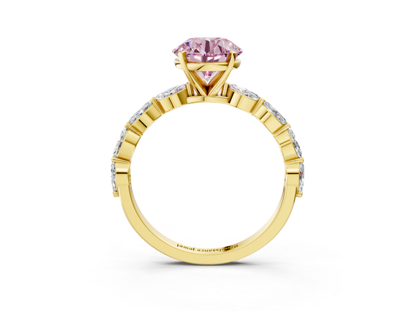 Yellow gold Fancy Pink Round Cut Diamond Ring with Marquise Side Stones and Prong Setting
