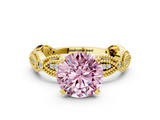 Yellow gold Fancy Pink Round  Solitaire Milgrain Diamond Engagement Ring with Bezel and Marquise Band