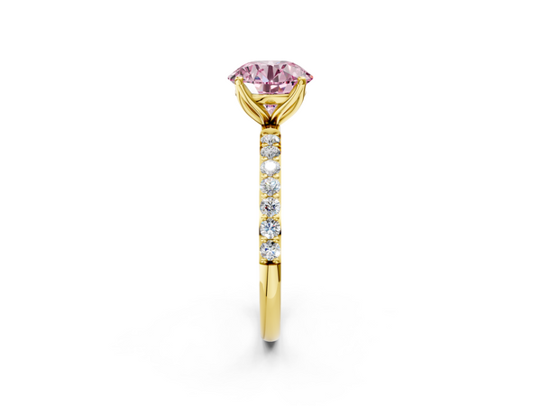 Yellow gold Fancy Pink Round Cut Diamond Solitaire Engagement Ring with Round  Pavé Band and Prong Setting