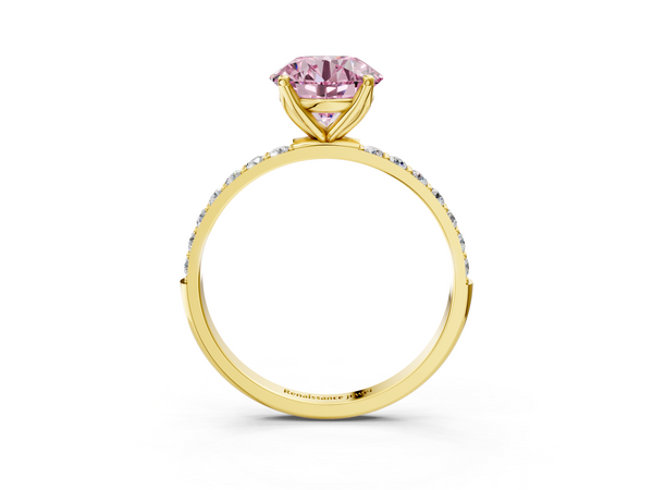 Yellow gold Fancy Pink Round Cut Diamond Solitaire Engagement Ring with Round  Pavé Band and Prong Setting