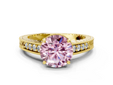 Yellow gold Fancy Pink Round  Solitaire Pavé Diamond Milgrain Engagement Ring with Four-Prong Setting