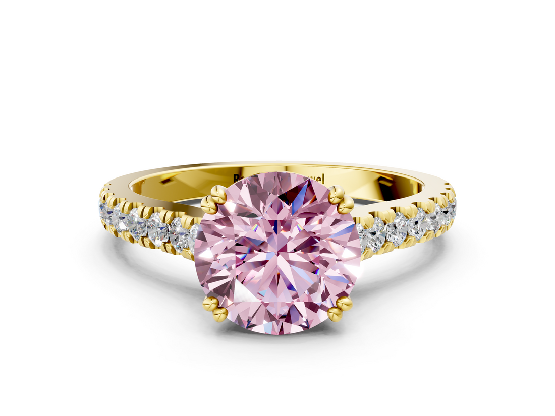 Yellow gold Fancy Pink Round  Solitaire Pave Diamond Engagement Ring with Prong Setting