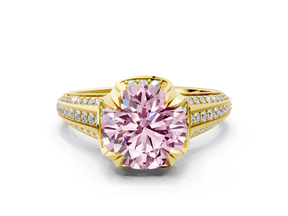 Yellow gold Fancy Pink Round  Solitaire Pave Split Shank Ring with Four-Prong Setting_122