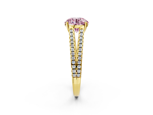 Yellow gold Fancy Pink Round Cut Diamond Solitaire Engagement Ring with Split Shank Pavé Band