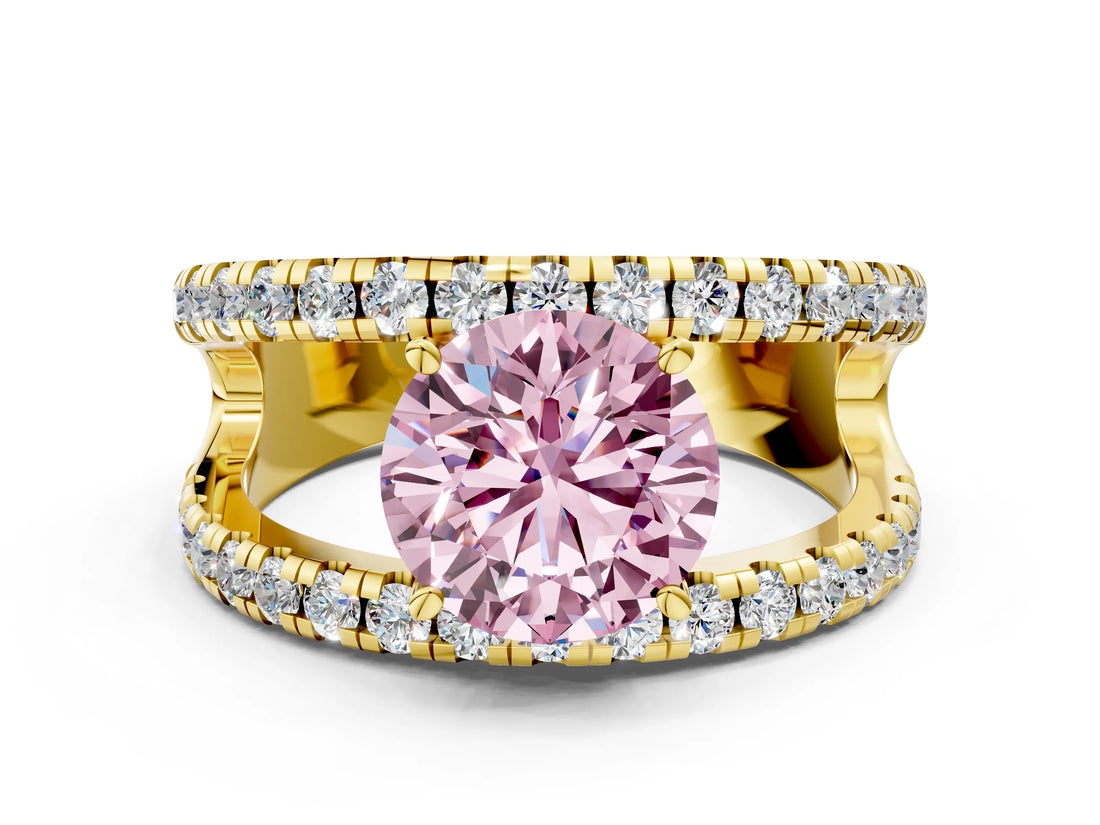 Yellow gold Fancy Pink Round  Solitaire Split Shank Pave Diamond Ring_24