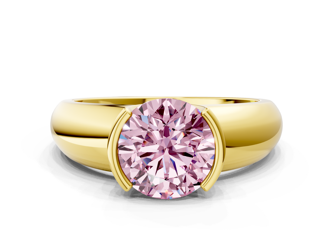 Yellow gold Fancy Pink Round  Solitaire Tension Set Diamond Ring with Wide Band