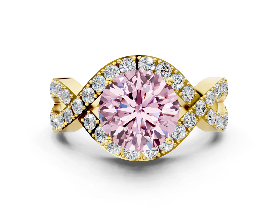 Yellow gold Fancy Pink Round  Solitaire Twist Band Pavé Diamond Engagement Ring_32