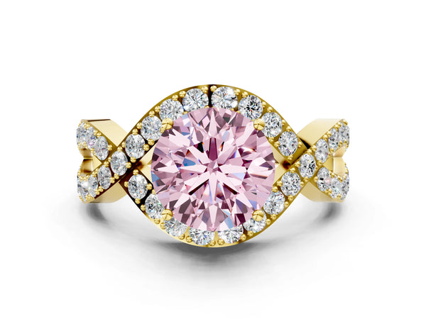 Yellow Gold Round Infinity Twist Engagement Ring Setting for Fancy Pink Center with Pave Ribbons