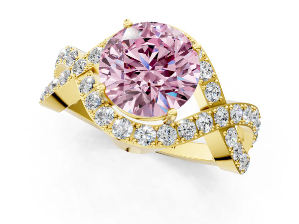 Yellow Gold Round Infinity Twist Engagement Ring Setting for Fancy Pink Center with Pave Ribbons
