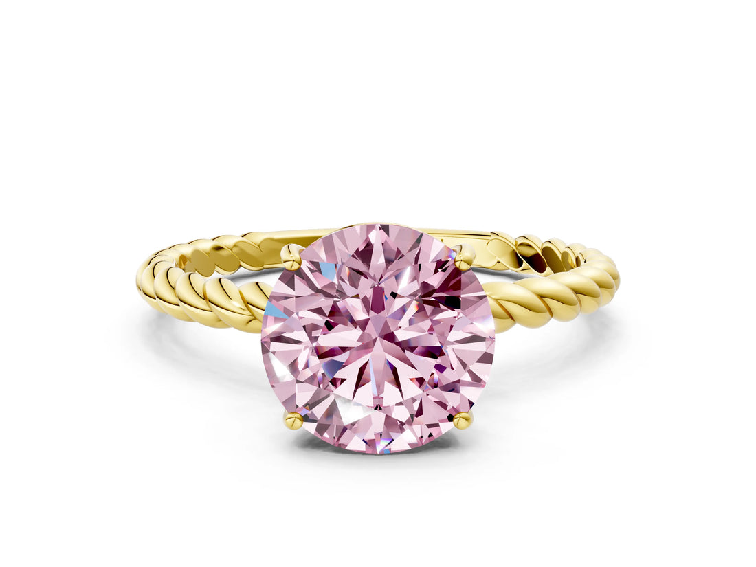 Yellow gold Fancy Pink Round  Solitaire Twist Band Ring with Four-Prong Setting_65
