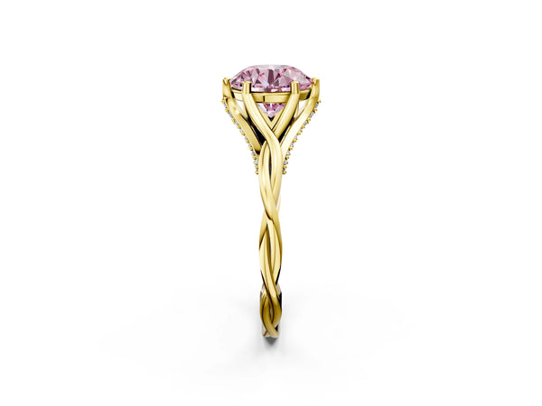 Yellow Gold Round Twisted Solitaire Engagement Ring Setting for Fancy Pink Center with Pave Shoulders and Gallery