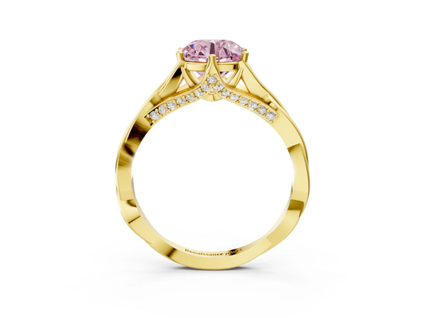 Yellow Gold Round Twisted Solitaire Engagement Ring Setting for Fancy Pink Center with Pave Shoulders and Gallery